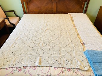 Large Hand Crocheted Blanket, And Small White And Blue Hand Crocheted Throws #307