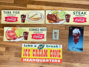 Mid Century Vintage 3 Paper Coca Cola Sandwich Signs And 3 Ice Cream Signs  #275