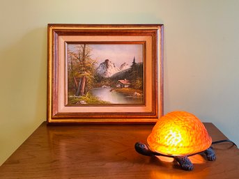 Beautiful Tiffany Style Turtle Table Lamp And 13 X 14.5 Artist Signed Vintage Framed Oil Print On Board   #366