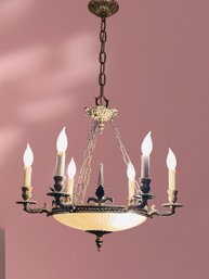 Art Deco Gilded Chandelier With Original Glass Shade - Length Of Chandelier 37'  #113