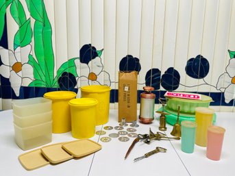 Vintage Lot Of  Tupperware Canisters, Container, MCM Brass Corkscrews, Cookie Icing Press 11 Pieces Set  #323