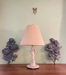 Pair Of Mid Century Syroco Flower Wall Hanging Decor And Vintage Cherub Table Lamp  #302