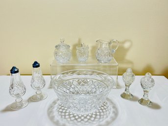 Elegant Vintage Crystal Items Lot: Fruit Bowl, Creamer, Sugar Bowl, Waterford Footed Shaker Set #68