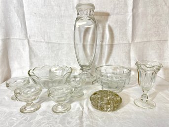 Vintage Four Sided Tall Glass Decanter/Jar No Lids, Libbey Sherbet Glasses And Bowl, Glass Frog And Bowl