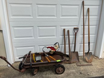 Vintage Wagon, Garden Tools, Trimming Shears, Worklight And Sears Electric Chainsaw - Good Working Cond  #265