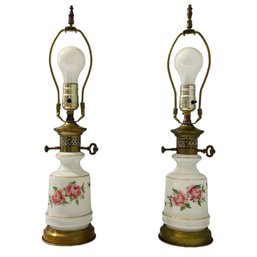 Pair Of Vintage Milk Glass Floral Design Table Lamps #152