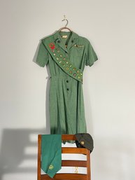 Vintage Girl Scout Official Uniform Dress, Sash, Scarf And Cap #297