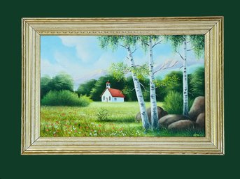 18.5 X 27.5 Artist Signed Oil Painting Landscape Depicting Church, Mountains And Birch Trees  #169