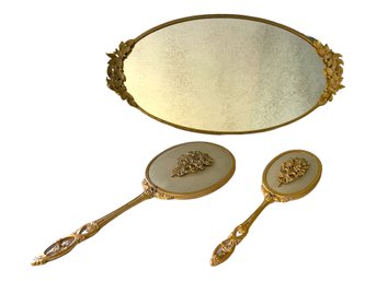 Mid Century Matson Vanity 24 KT Gold Plated Vanity Set Mirror, Tray,  Brush Set #136