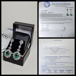 Appraised Value Over $20,000 14K White Gold Emerald & Diamond Dangle Earrings W/Screw Backs Trademark Orianne