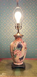 Hand Painted Porcelain Chinoiserie Floral Jar Table Lamp Mounted On Wooden Base 27' Tall  #84