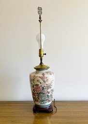 Vintage Oriental Hand Painted And Decorated Porcelain Jar Style Table Lamp Wood Base #56