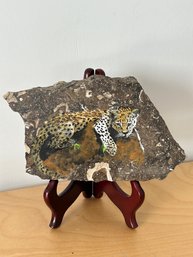 Original Engraving On Marble By Ruth Strumer Leopard On Rock # 3