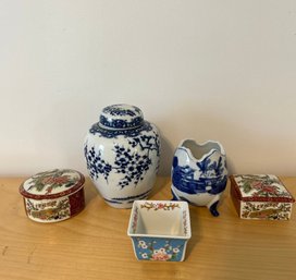 Grouping Of Vintage Porcelain Items: Lidded Trinket Boxes, Jar And Small Bowls #29