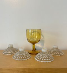 Vintage Amber Thumbprint Goblet And Set Of 4 Vintage Opalescent Anchor Hocking Candle Holders  #30