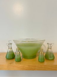 Mid Century Modern Blendo Green With Gold Trim Large Bowl, Salt & Pepper Shakers And Oil & Vinegar Set  #31