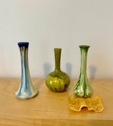 Vintage Blue And White Belgium Vase And Two Green Ceramic Vases #38