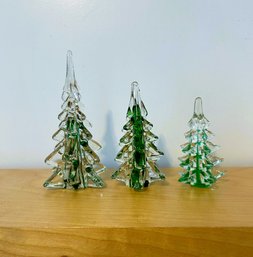 Lot Of Three Heavy Crystal Art Glass Christmas Trees  #43