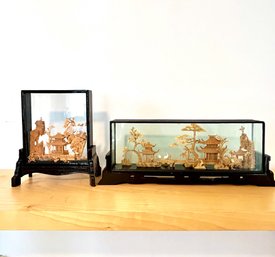 Lot Of Two Vintage Asian Hand Carved Cork Diorama Shadow Boxes  #47