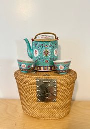 Vintage Turquoise Jingdezhen Teapot And Cups Set With Basket #59