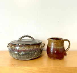 Vintage Pottery Lidded Pot With Handles And Small Pitcher #77/1