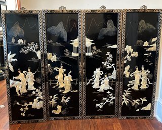 Group Of 4 Vintage Asian Black Lacquer Wall Panels With Mother Of Pearl Each Panel 36X12 #144