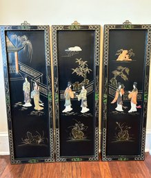 Set Of 3 Oriental Chinese Black Lacquer 3D Geisha Girls Wall Plaques Each Plaque: 36 X 12 #145