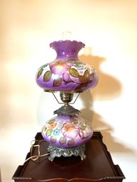 Large Vintage Purple Floral Hurricane Hand Painted 3-way Lamp   #161