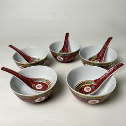 Vintage Chinoiserie Rice Bowls With Spoons Set Of 5 #18