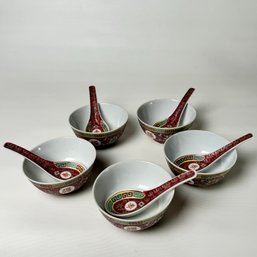 Vintage Chinoiserie Rice Bowls With Spoons Set Of 5 #19