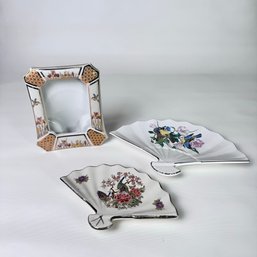 Vintage Ceramic Japan Hummingbird Picture Frame And Two Fan Plates # 36