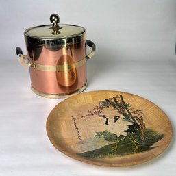 Vintage Bamboo Plate And Copper And Brass Ice Bucket #166