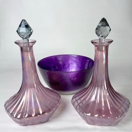 Lot Of 2 Beautiful Purple Decanters With Stoppers And Purple Bowl #54