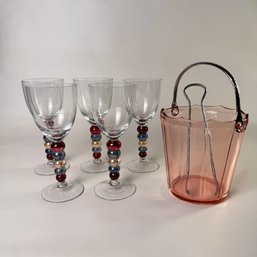 Set Of 5 Vintage Colored Ball Stem Wine Glasses And Vintage Pink Ice Bucket With Tongs #61