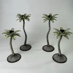 Set Of 4 Vintage Cast Iron Tropical Palm Tree Candle Holder 11.5 Tall #102