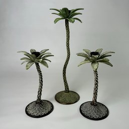 Set Of 3 Vintage Cast Iron Tropical Palm Tree Candle Holders  #104