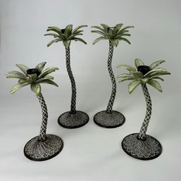 Set Of 4 Vintage Cast Iron Tropical Palm Tree Candle Holders 11.5 Tall #103