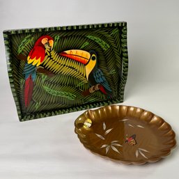 Hand Painted Vintage Parrots Wood Serving  And Butterfly Scallop Shell Tray  # 93