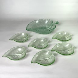 Vintage Green Depression Glass Leaf  Berry  Dishes Set Of 7 #163