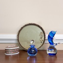 Gold Metal Trim Mirrored Vanity Tray, Oval Box Clio By Wedgwood, Perfume Bottle And Art Glass Sculpture#183