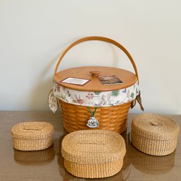 Three Lidded Sweet Grass Baskets And Large Longaberger Round Bucket Basket With Lid #187