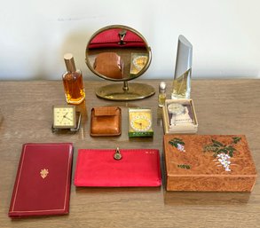 Vintage Desk Clocks, Wallets, Jewelry Box, Perfumes And Mirror  #191