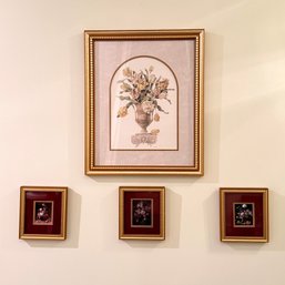 Beautiful Glass Framed Flower Art Signed Caren Heine 22 X 18.5 And Three  Matted Glass Framed Flower Prints198