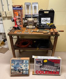 Lot Of Power Tools:drill Press,craftsman Ball Bearing Grinder,dewalt Cordless Drill, Lantern Lights, Etc 202