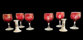 Set Of 6 Ruby Red/cranberry Etched Grapes Wine Glasses  And Pair Of Small Porcelain Candlesticks  #270