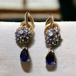 18K Gold Multi-Color Gem 3Ct Pear Cut Blue Sapphire Drop/dangle Thai Princess Earrings Total Weight:15.44 GR