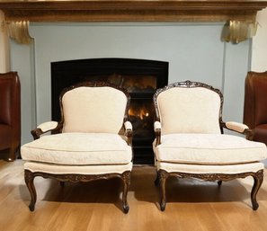 Antique Louis XV Style Carved Walnut Newly Upholstered Accent Chairs Extra Wide Seats 42'H X 33'W X 24'D #188