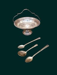 Antique Weighted Sterling Silver Pierced Footed Basket/Bowl,sterling Silver Spoons,one Spoon Is Silverplate#33