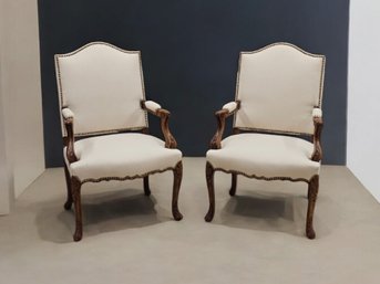 Pair Of 19th C French Walnut Chairs High Shaped Back W/the Newly Upholstery White Fabric Brass Grommets  #153