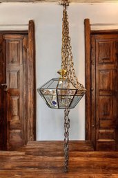 1970's Fredrick Ramond Signed Beveled Glass And Brass Portable Chandelier Pendant Lamp 18' DIA